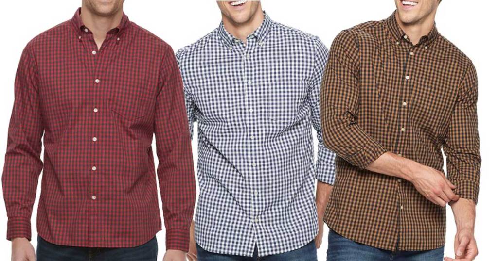 male models wearing Big & Tall Sonoma Flexwear Slim-Fit Poplin Button-Down Shirts