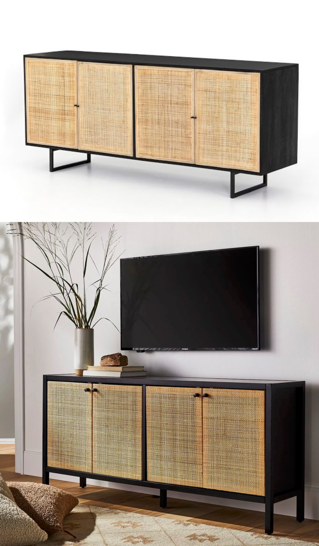 black and natural caned console tables 