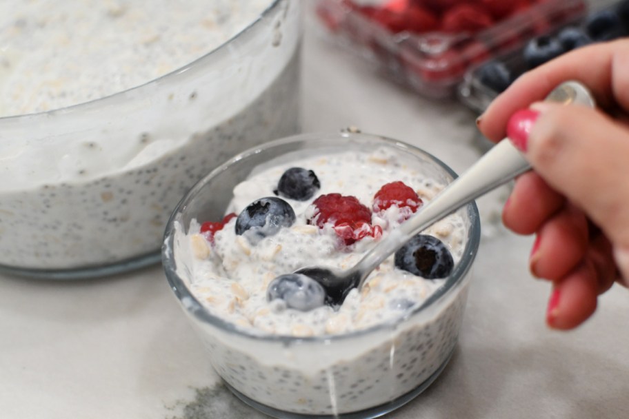 chia seed overnights oats in a small glass cup