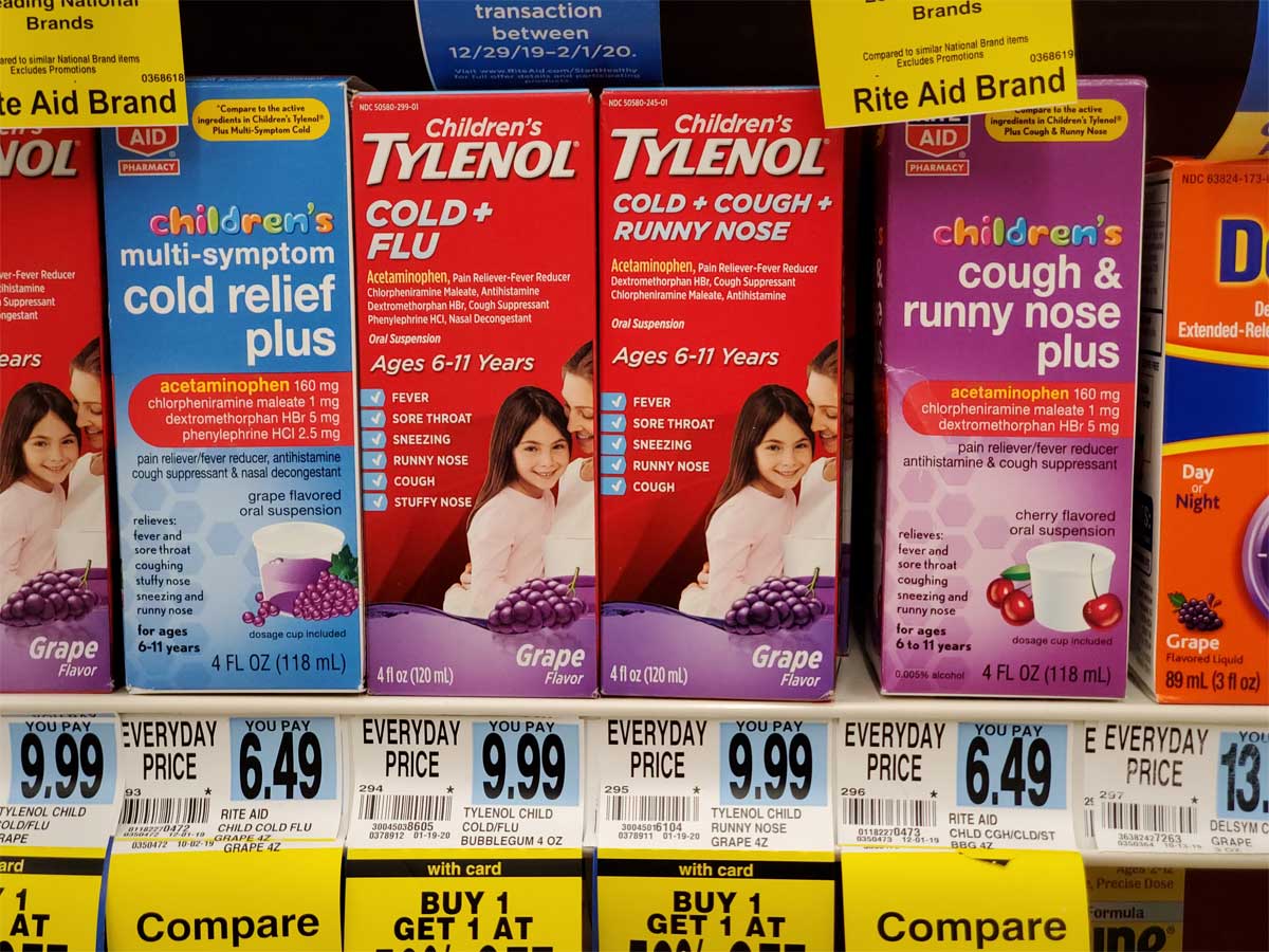 children's tylenol cold and flu on a shelf in store