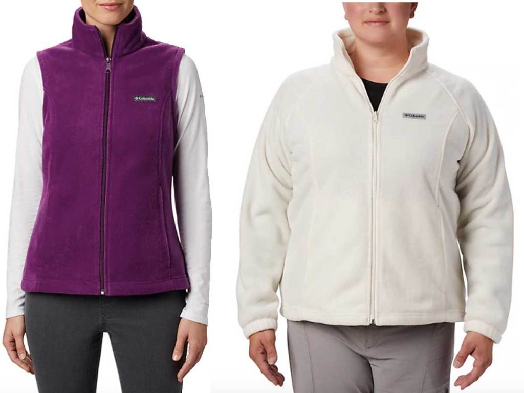 models wearing Columbia Women’s Benton Springs Vest and Plus Size Fleece jacket