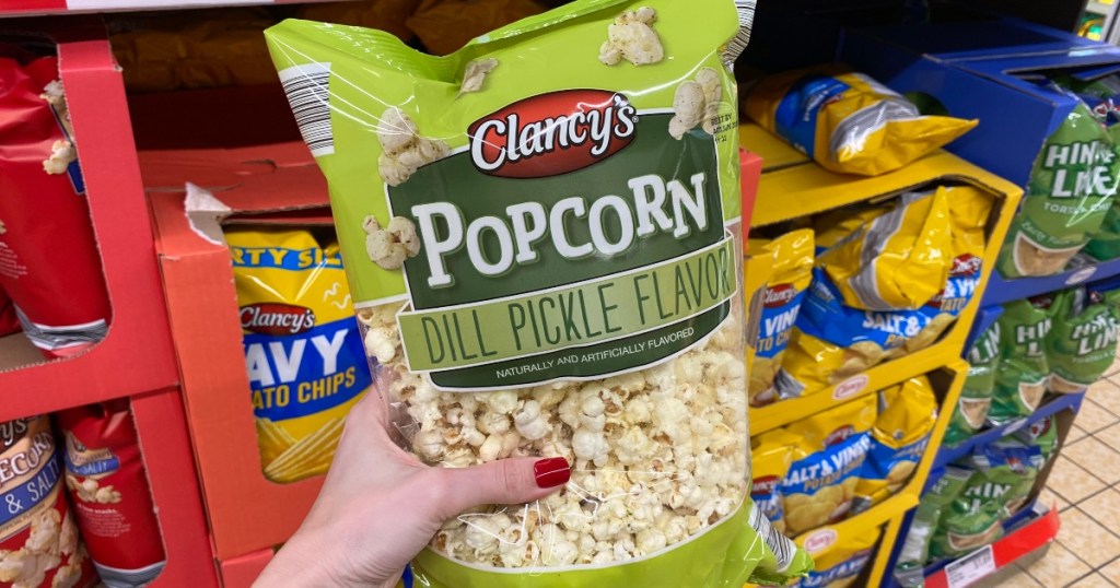 hand holding dill pickle popcorn at ALDI