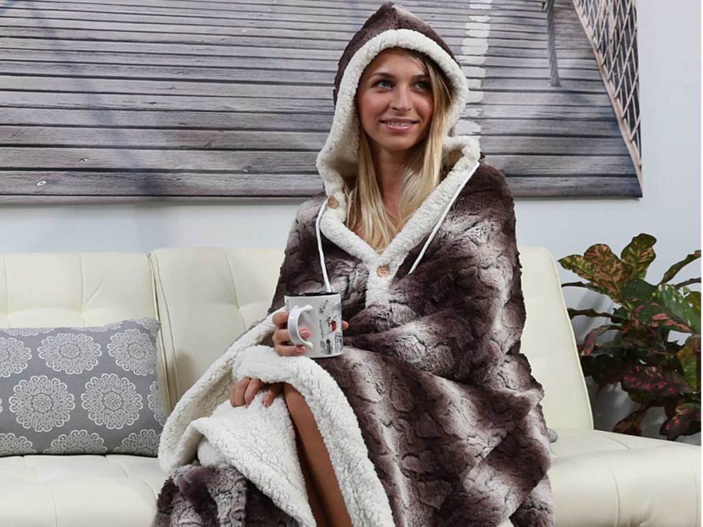 model wearing the Chic Home Design Hooded Snuggle Blanket 