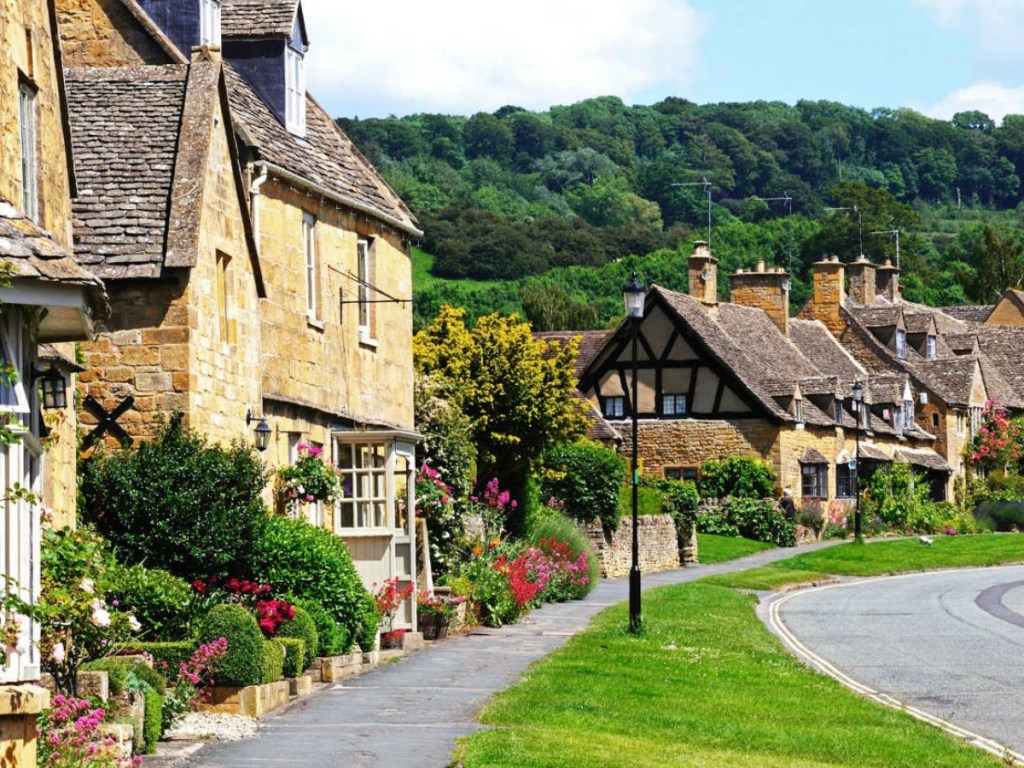picturesque town with cobblestone building and mountains and trees