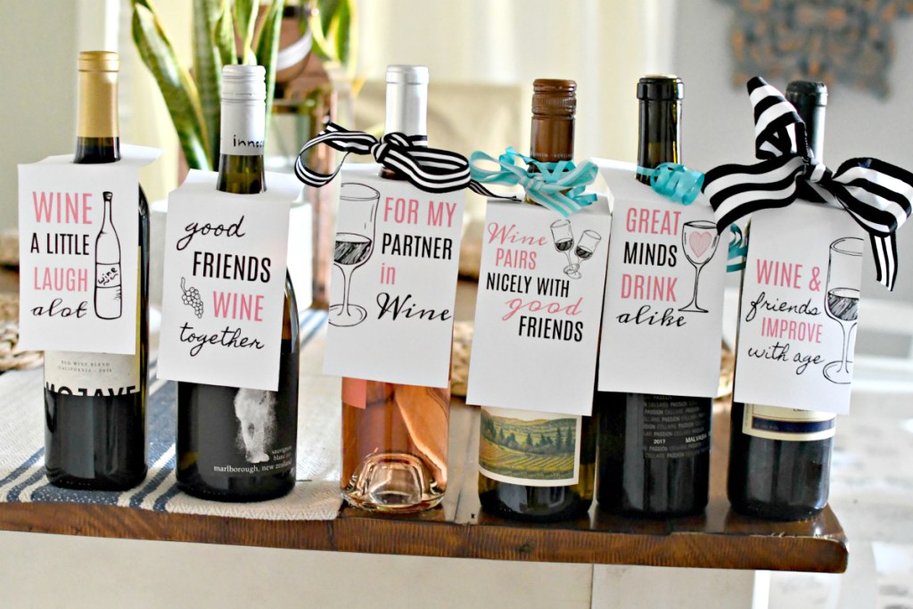 bottles of wine with free printable wine gift tags 