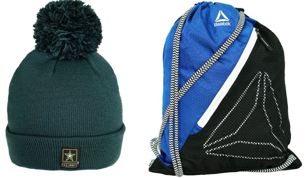 green army winter hat and reebok bag