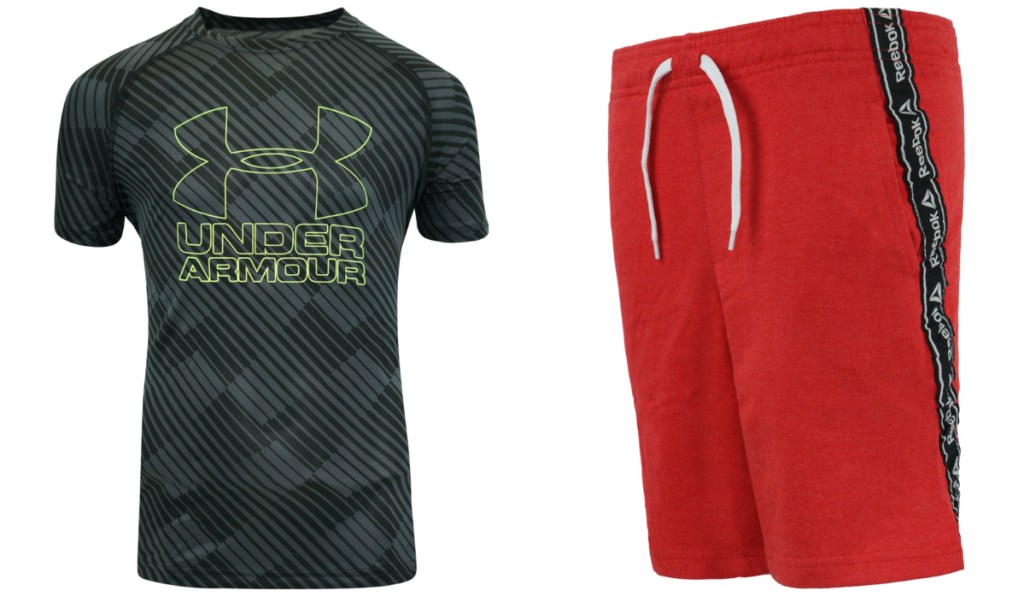 under armour shirt and reebok red shorts