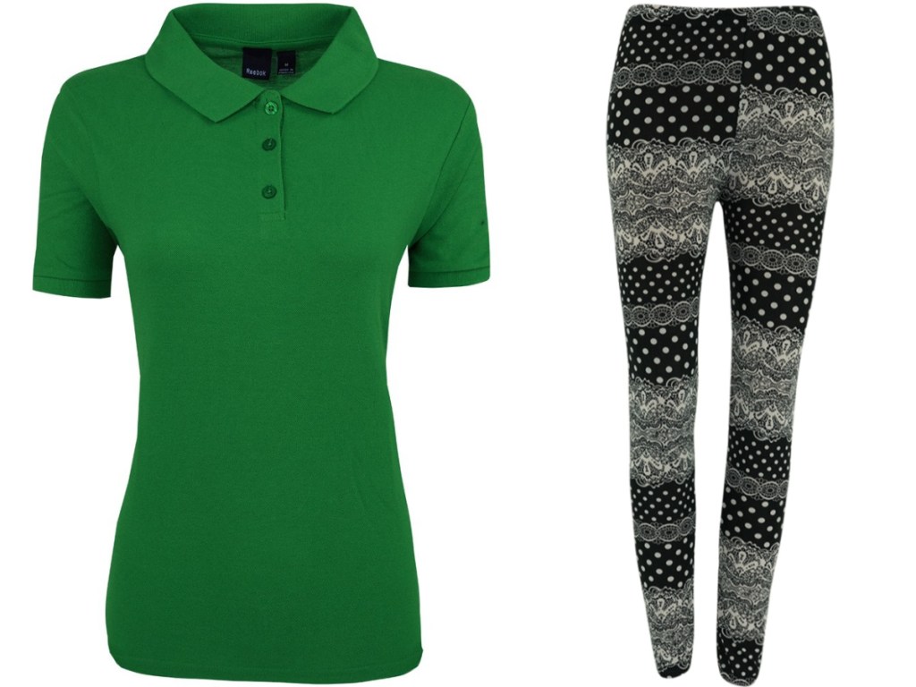 womens green polo and patterned leggings