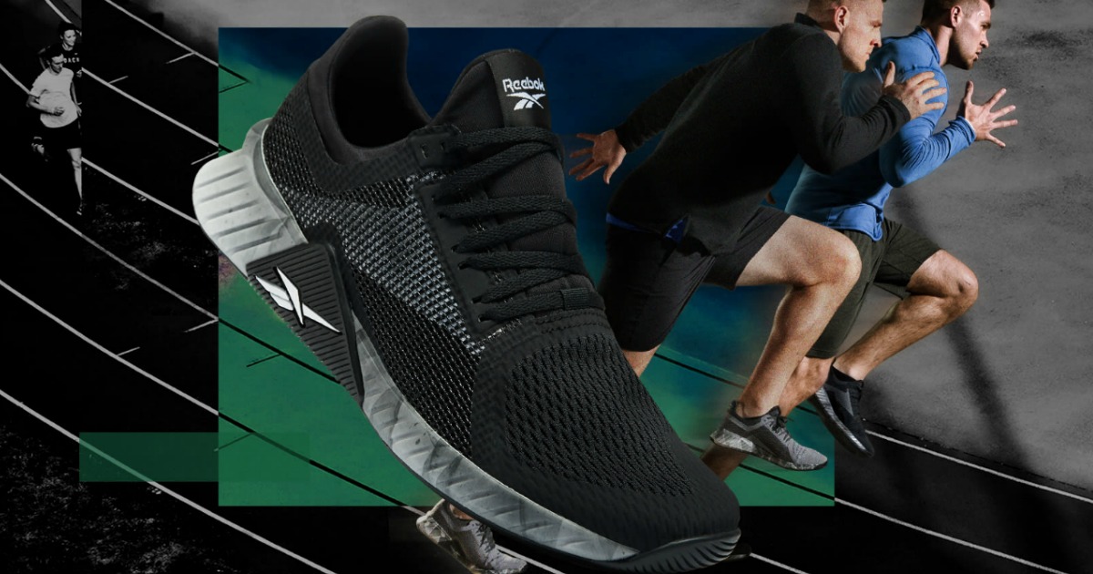 black shoe with men on running track in background