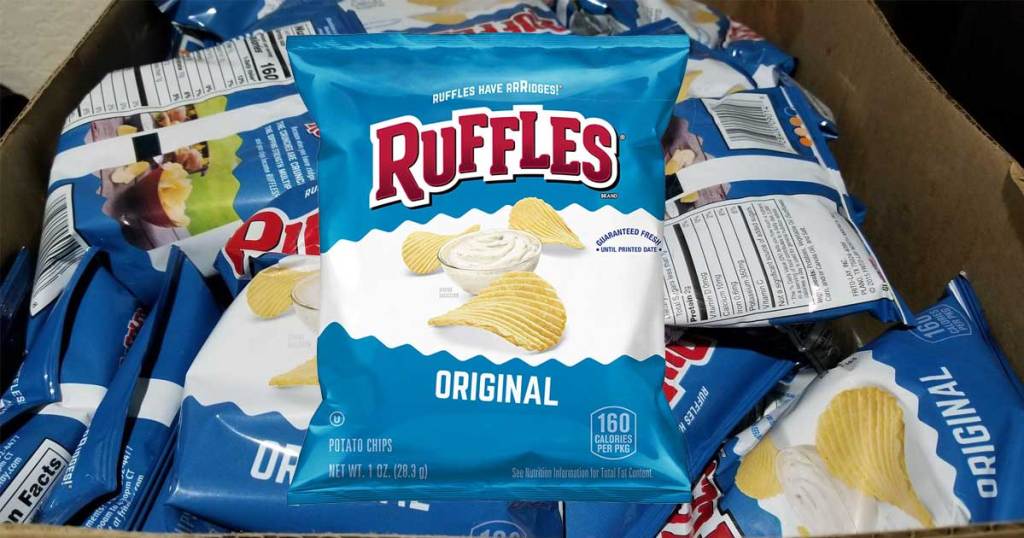 box full of 40-count pack of Ruffles Potato Chips