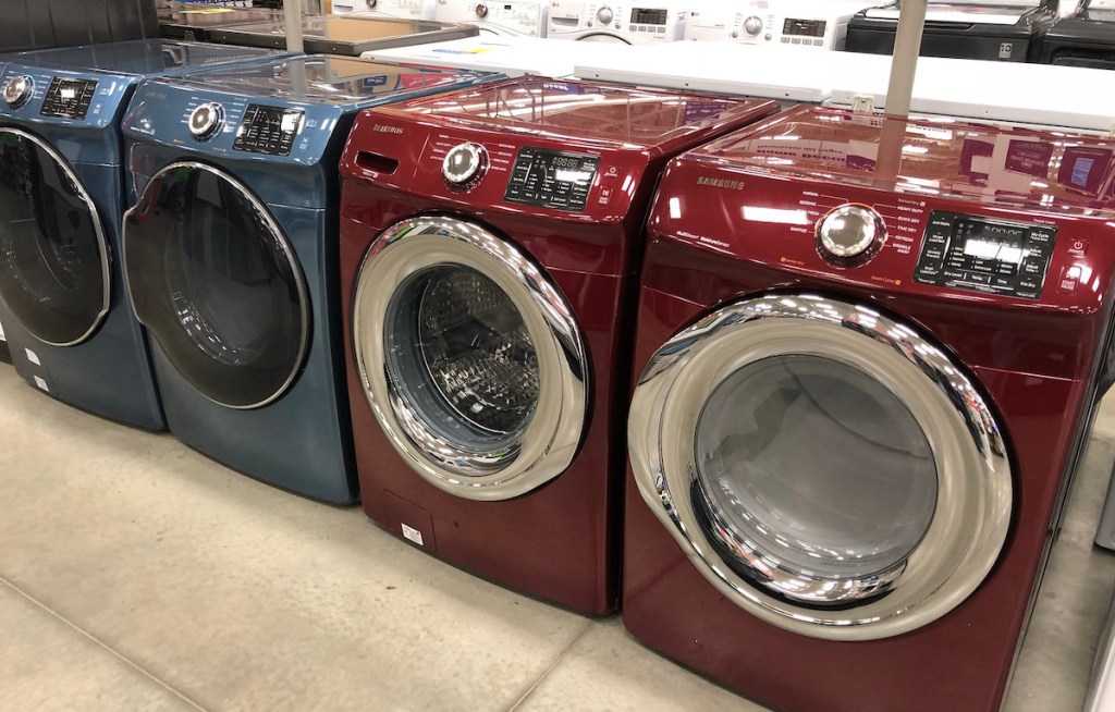 blue and red laundry room appliances