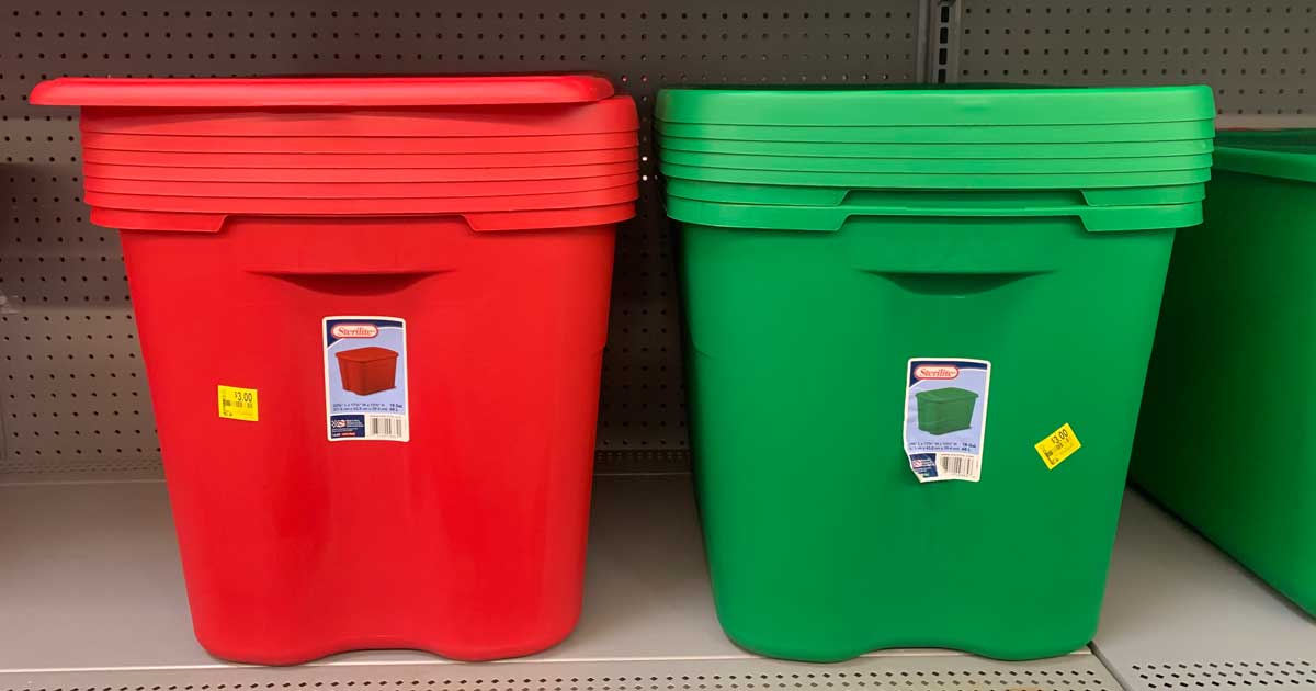 red and green sterilite storage totes on shelf in store