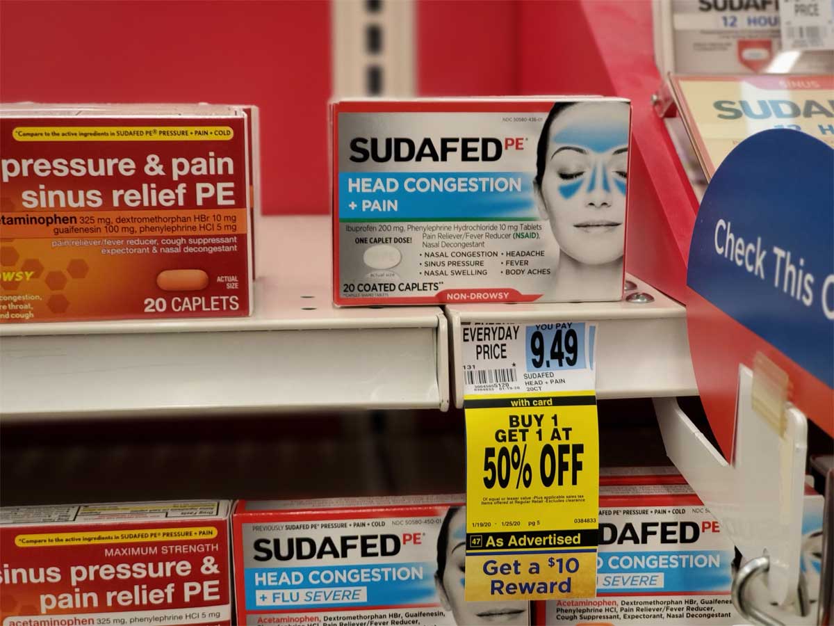 Sudafed head congestion and pain on shelf in store