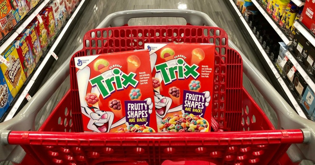 cereal in a shopping cart in a store