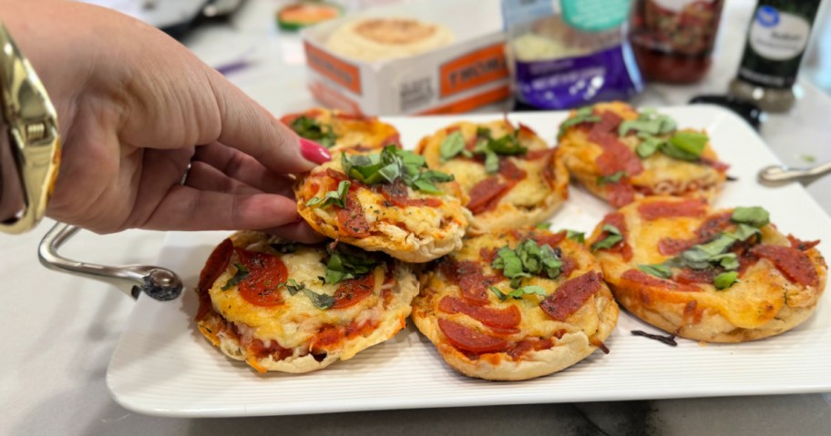 tray of english muffin pizzas after baking in the oven 