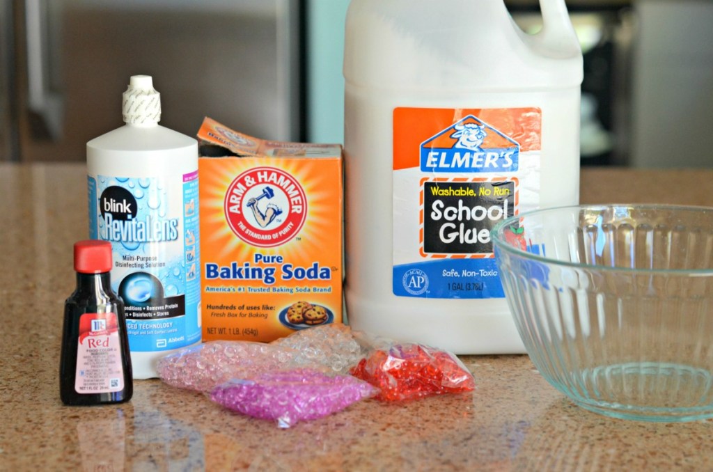 valentine's day slime supplies on the counter