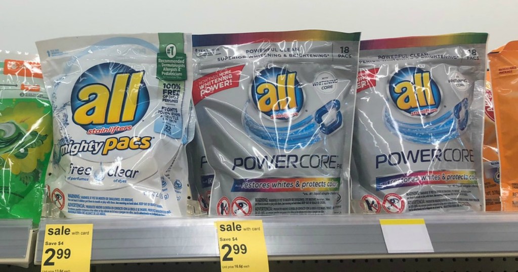 laundry detergent on a shelf in a store