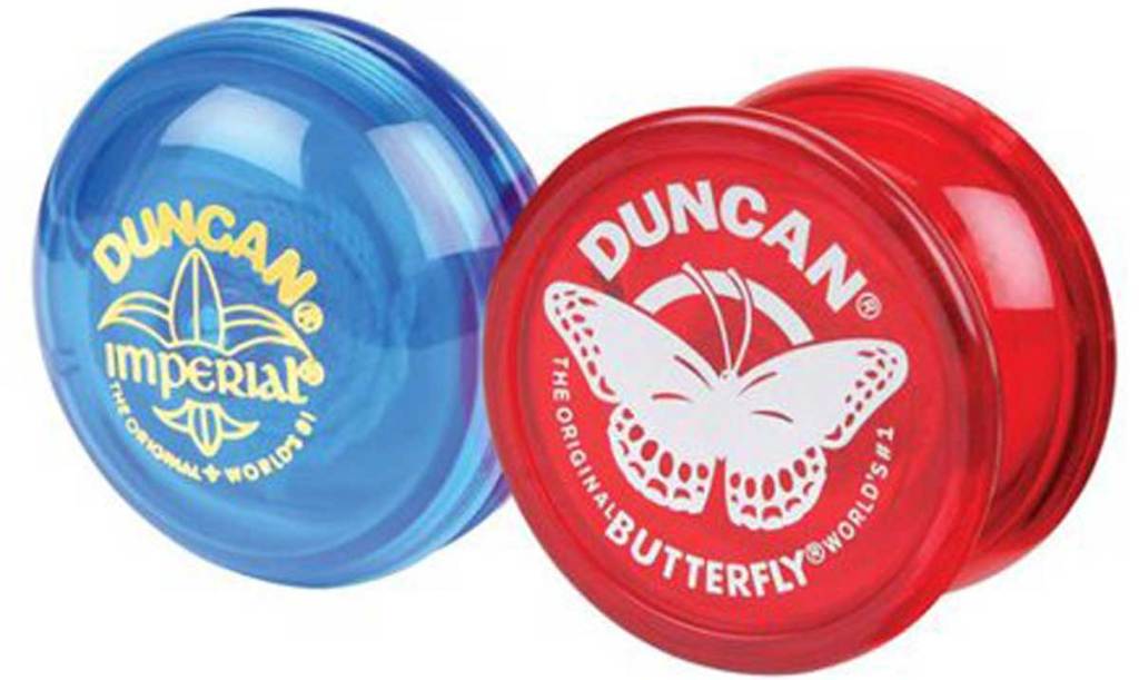 stock image of a duncan yoyo imperial and a duncan yoyo butterfly yoyo