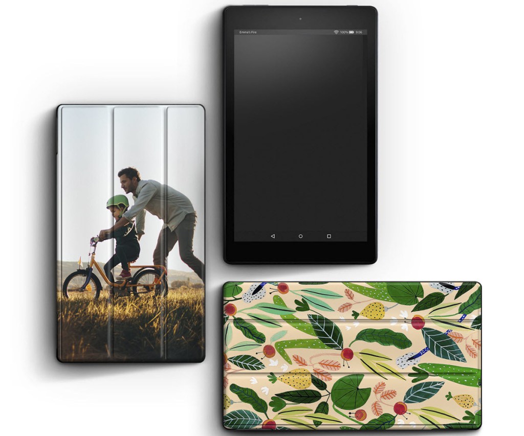 Amazon Fire Tablet next to two custom cases