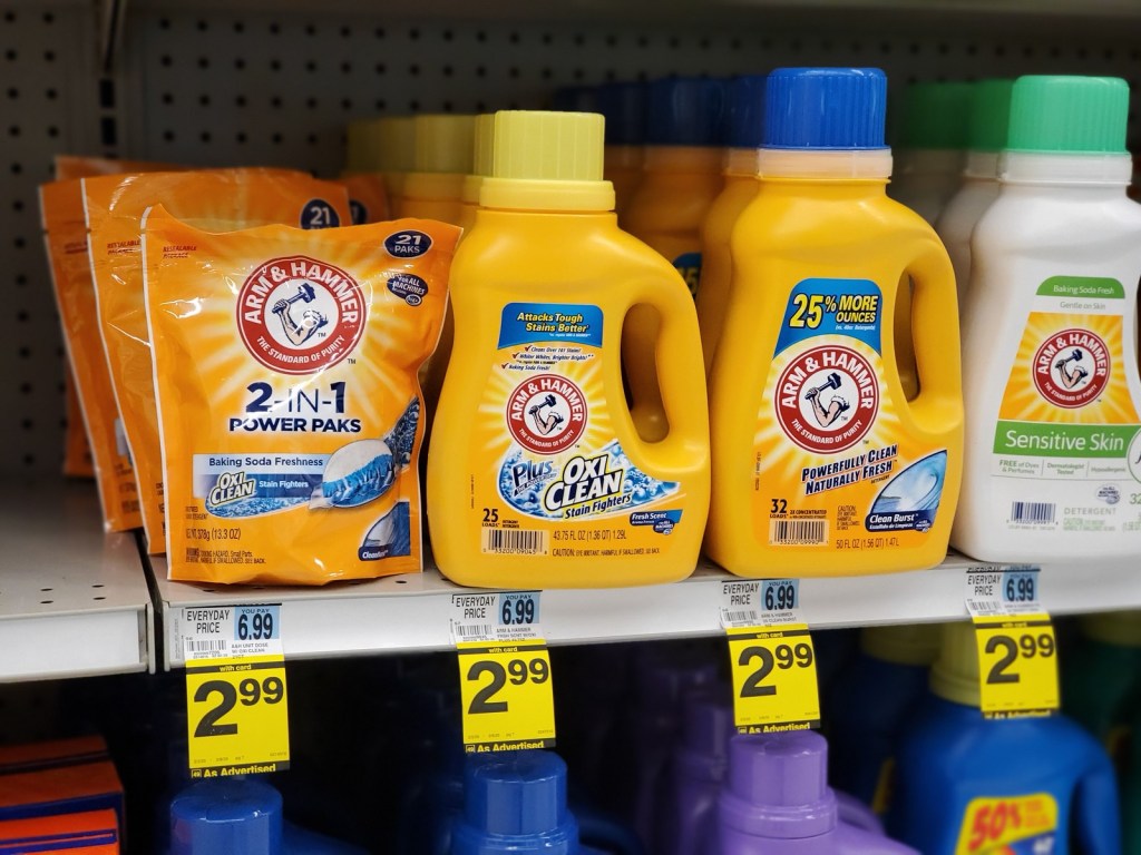 Arm hammer Detergents on Rite Aid Shelf