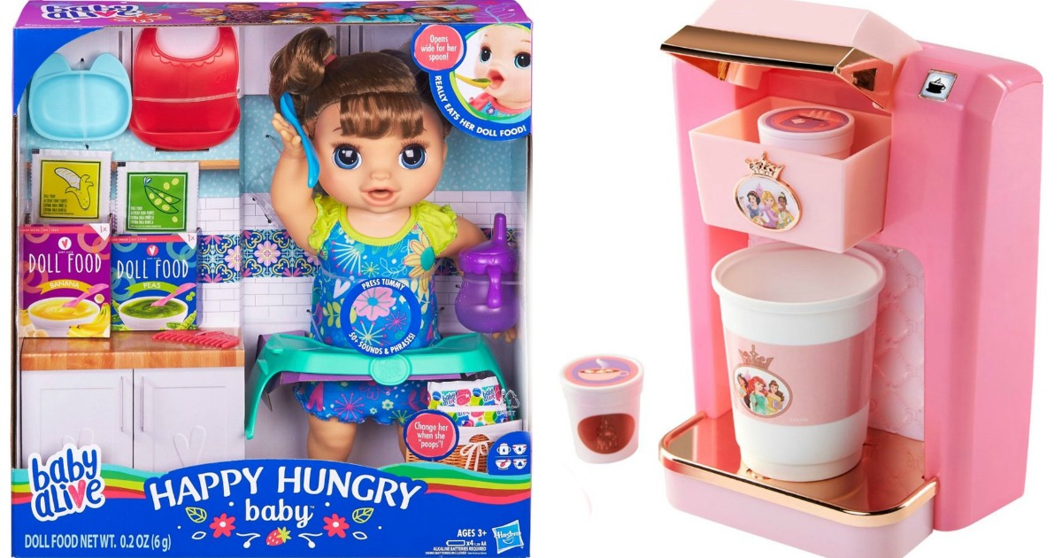 Baby Alive Doll in box next to toy Princess Coffeemaker