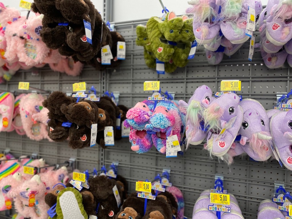 rows of Build-A-Bear slippers on display at Walmart