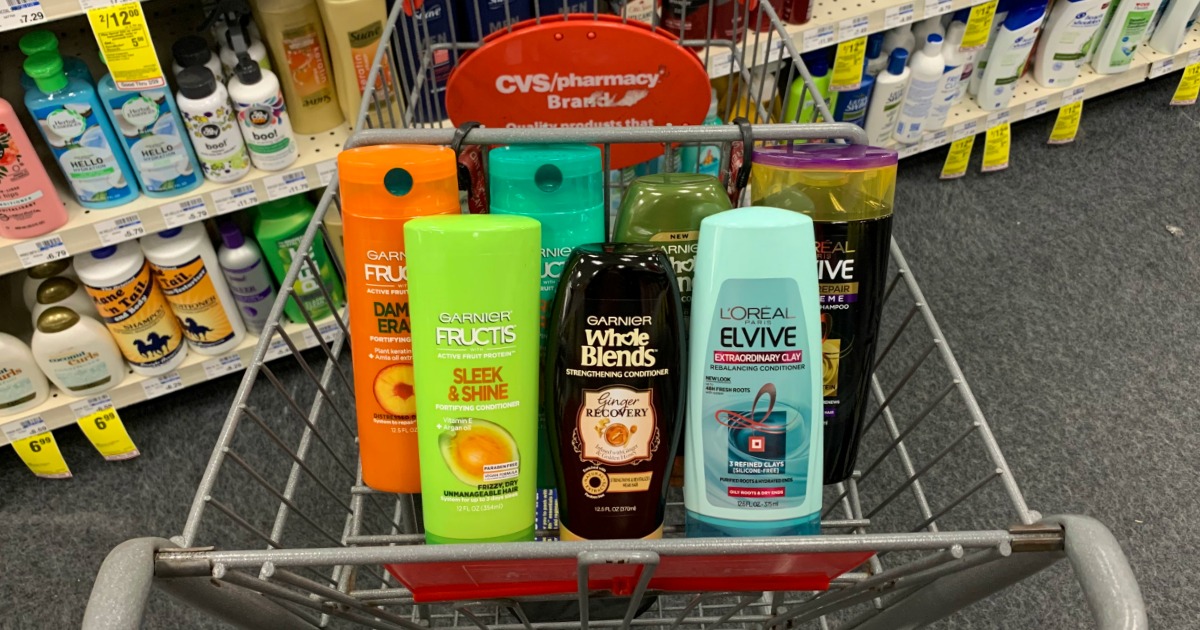 Shampoo and conditioner in cart at CVS