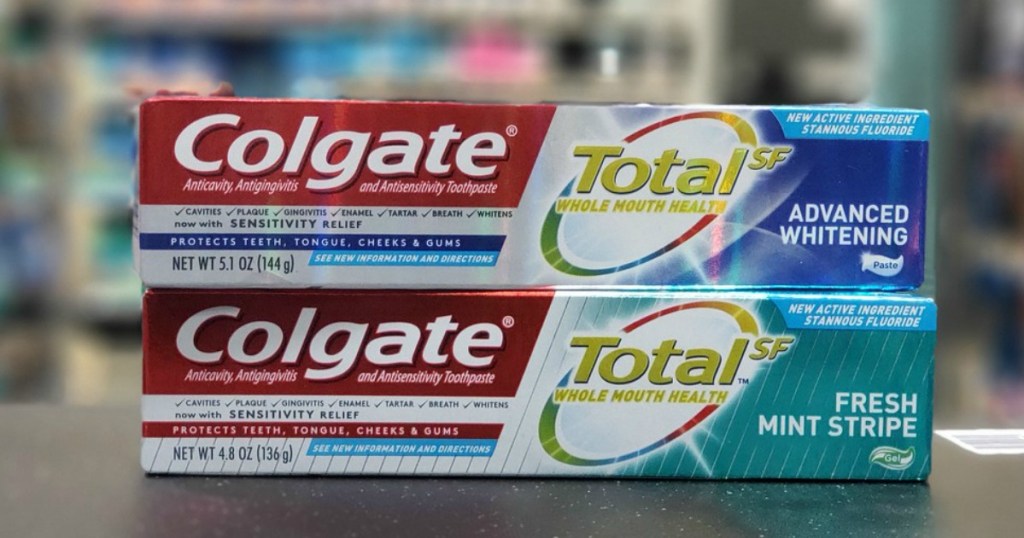 two boxes of toothpaste stacked on top of each other