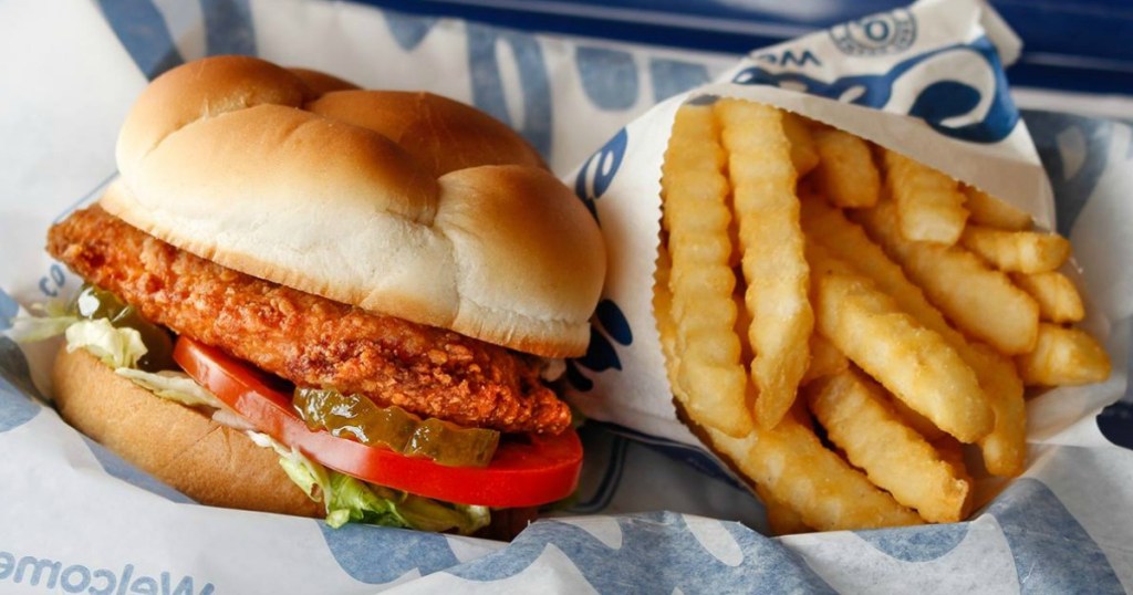 Culver's chicken sandwich and fries in basket