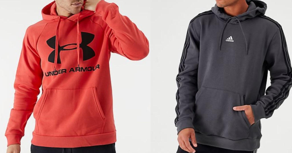 Men wearing Under Armour Hoodie and Adidas Hoodie