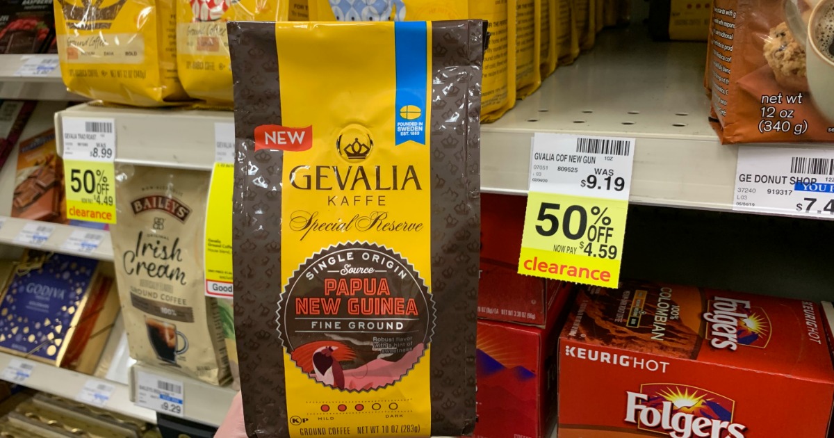 Gevalia coffee in front of shelf 