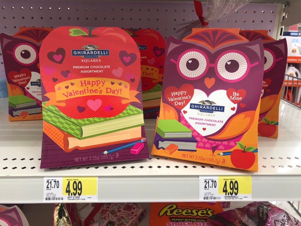 boxes of Ghirardelli Valentines treats on shelf at Target