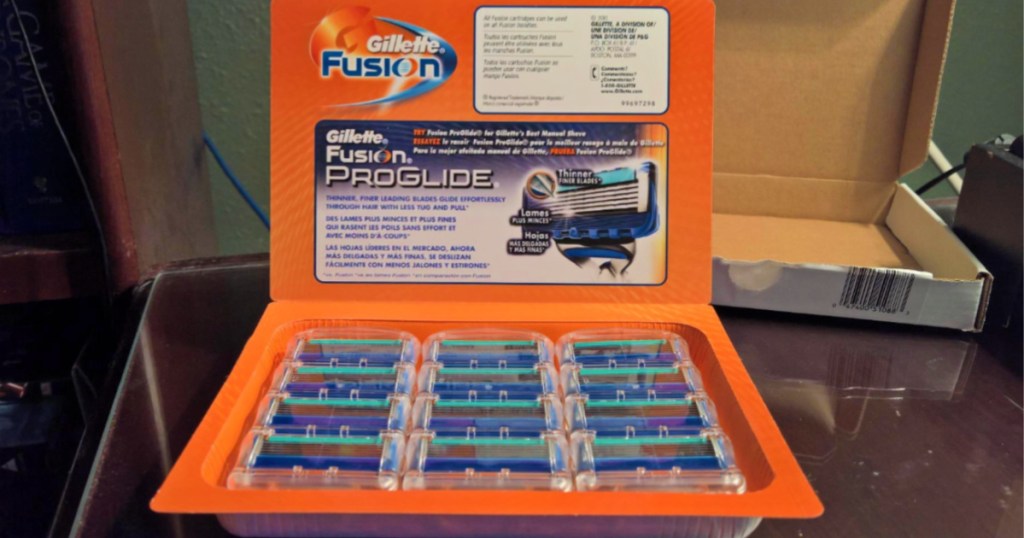 box of Gillette Fusion Manual 12-Count Men’s Razor Blade Refills