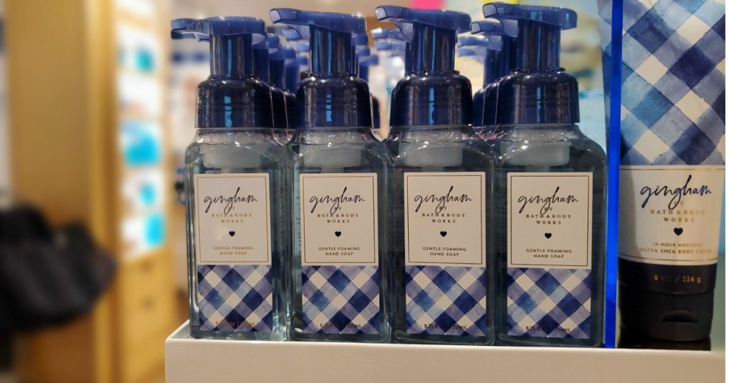 Store shelf of Bath & Body Works Gingham Hand Soap 