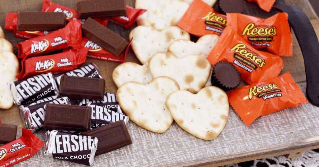 Hershey's, Kit Kat, Reese's candy with heart shaped crackers