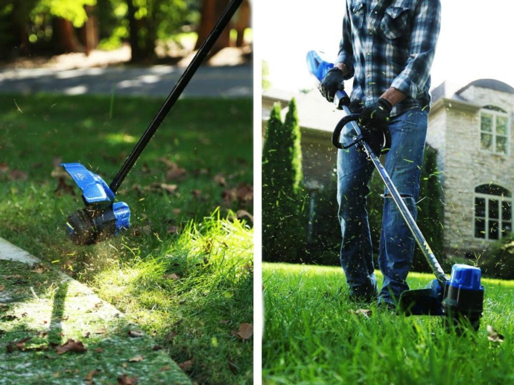 man holding Kobalt Trimmer and Edger in yard