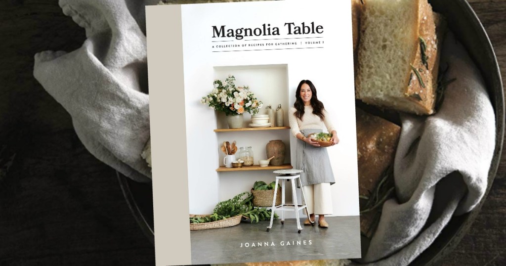 Magnolia Table, Volume 2 A Collection of Recipes for Gathering cover superimposed over a pic of cornbread in a bowl