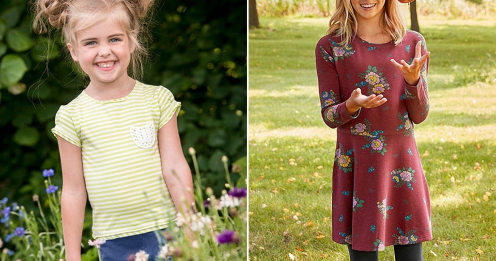 girl wearing a green shirt and a girl wearing a dress