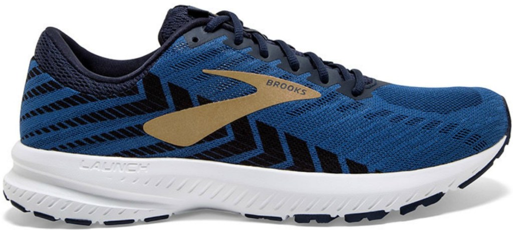 Men's navy blue running shoe with white sole and golden logo
