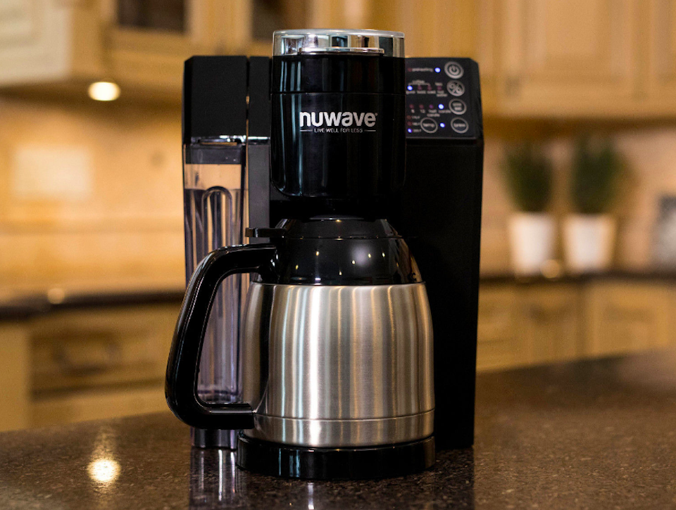 NuWave Coffeemaker with carafe sitting on kitchen counter