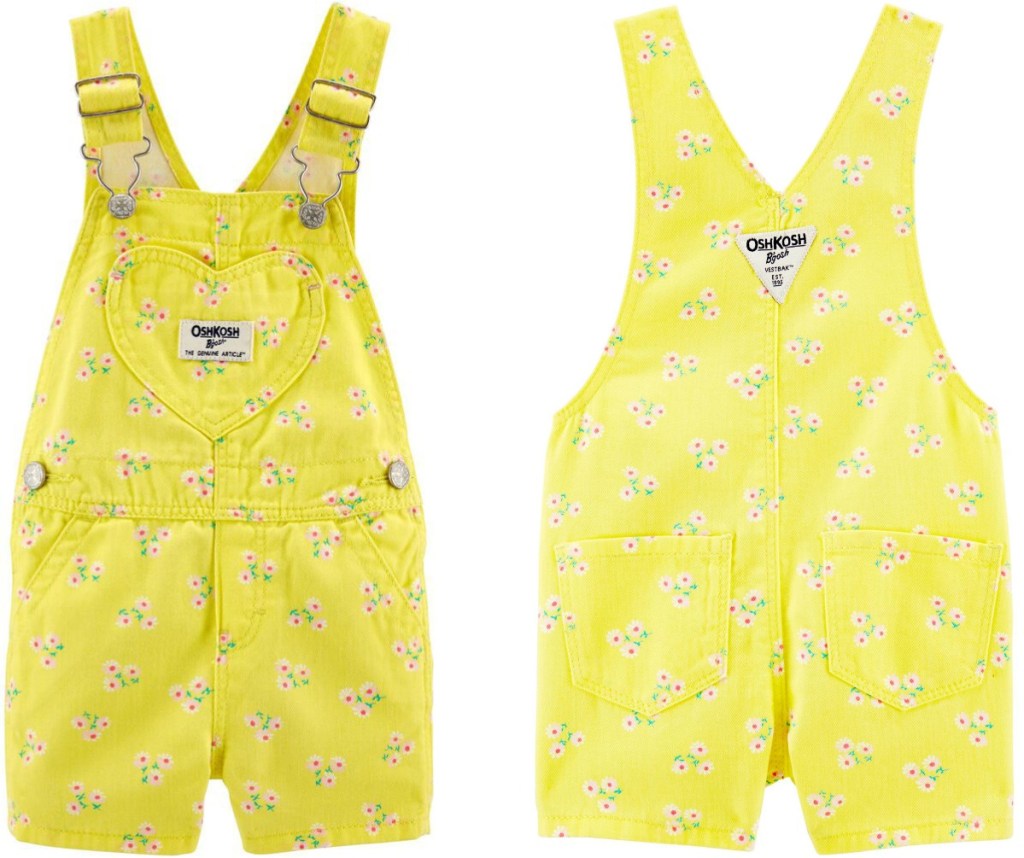 Front and back view of a yellow floral pair of overalls for baby girls