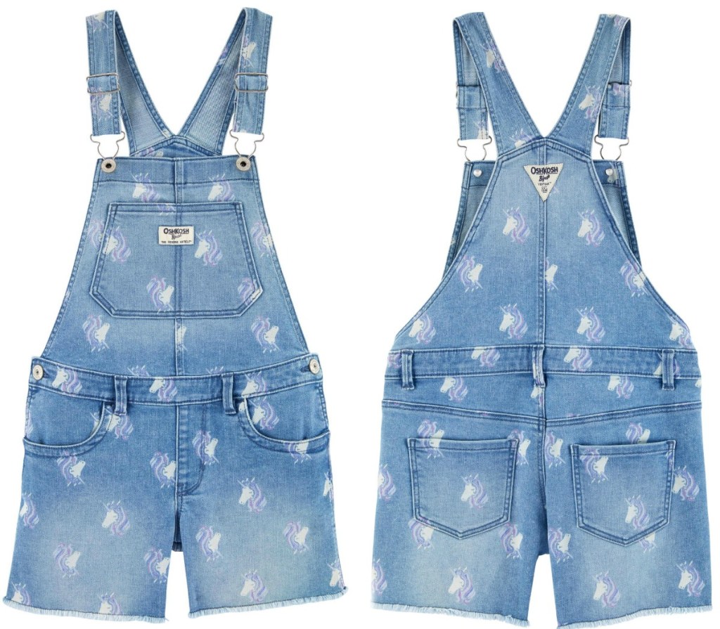 Front and back view of a unicorn themed overall pair for girls