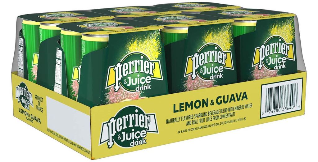 Perrier Lemon and Guava cans in a box