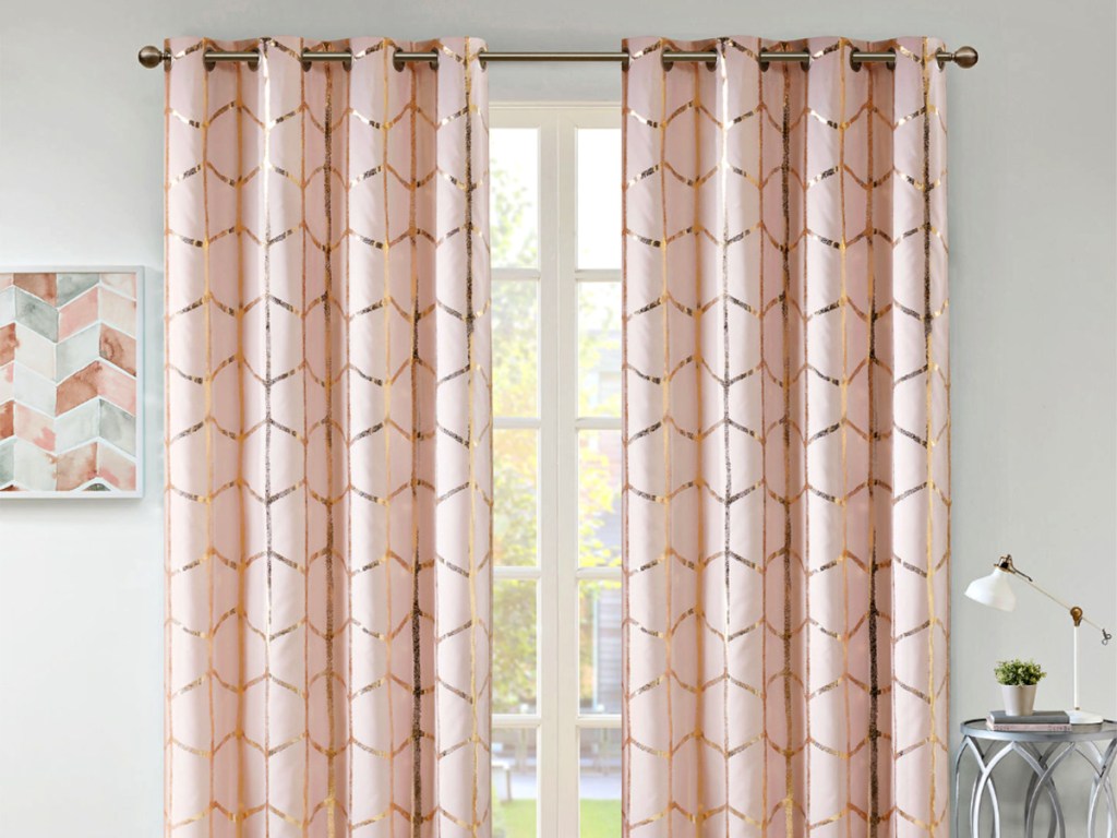 Pink Geometric with gold Curtain Panel on window in livingroom