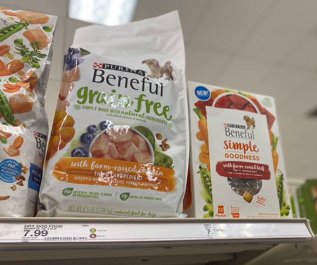 Purina Beneful Grain Free and Simple Goodness dog food on shelf at Target