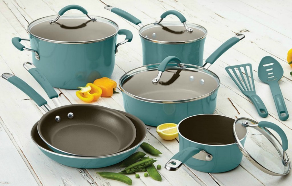 Large set of ceramic cookware in teal shade