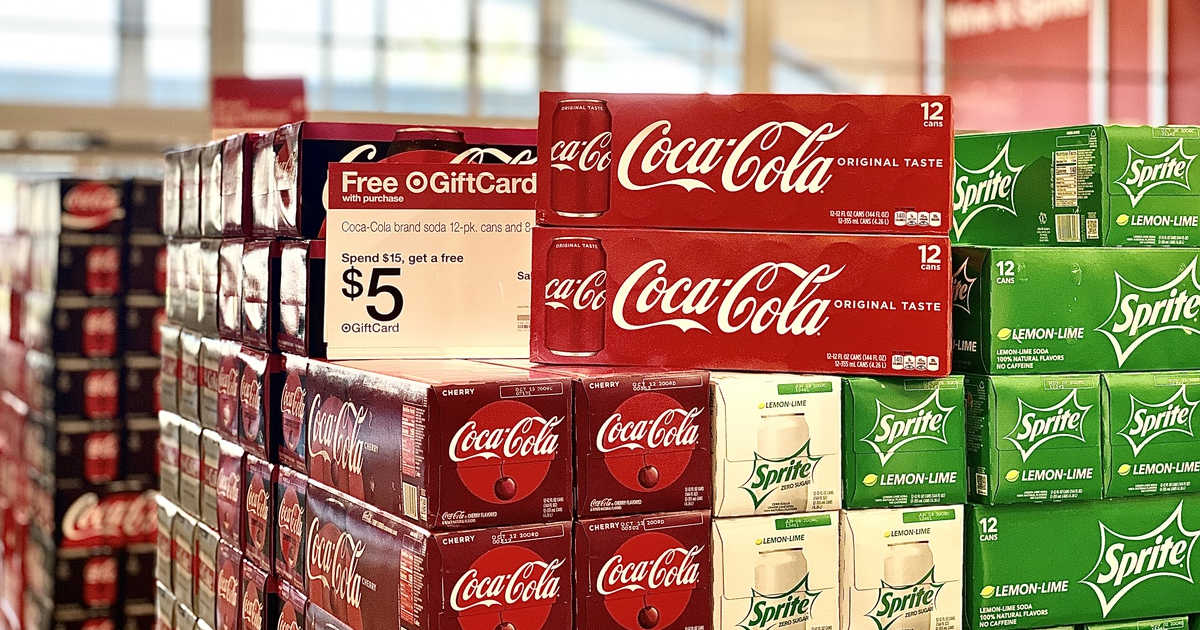 coca-cola, cherry coke, sprite 12-packs at Target with sale sign