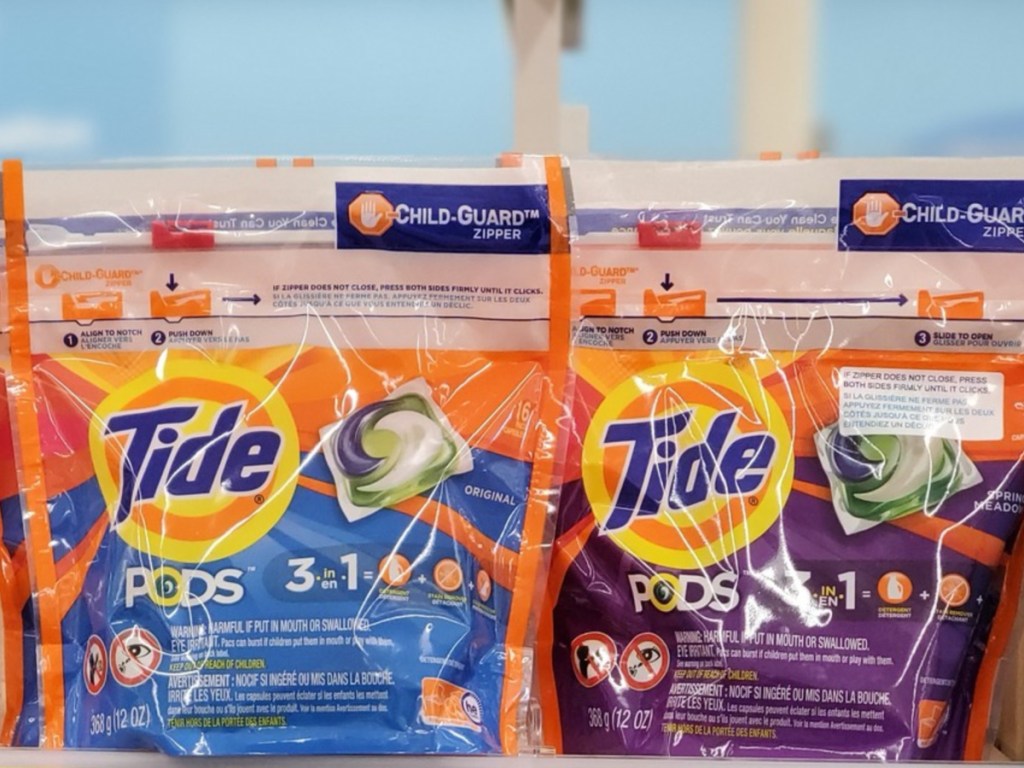 Laundry detergent pods on store shelf