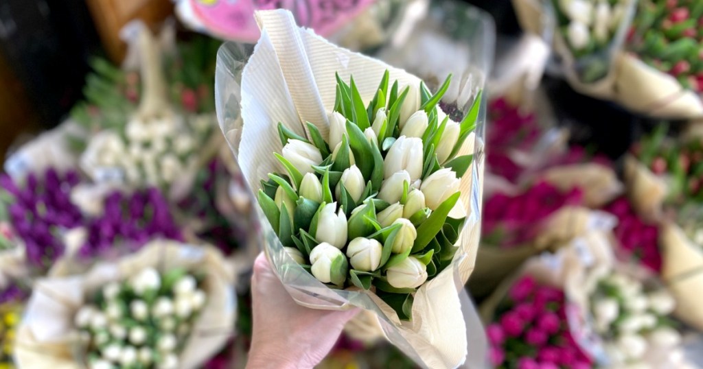 hand holding bouquet of Trader Joe's tulips