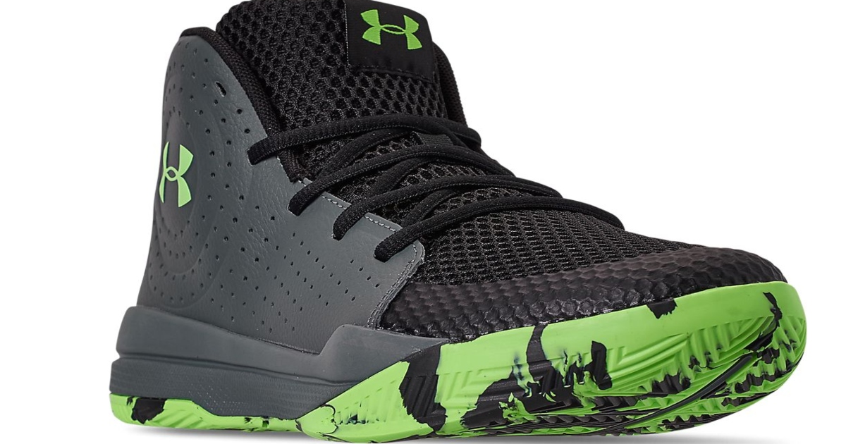 Grey and green under armour high top sneaker. Front side view of the right shoe.